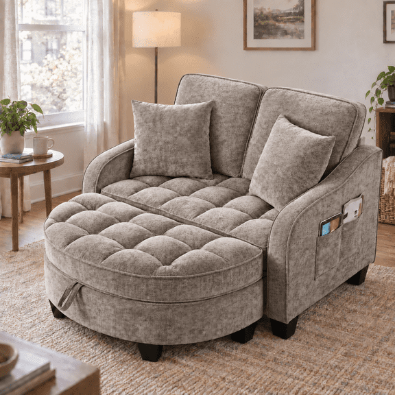 MOONMISS Oversized Chair and A Half, Chenille Reading Sofa Chair with Storage Ottoman, Upholstered Loveseat Chaise Lounge Sofa with Adjustable Back for Living Room,Brown