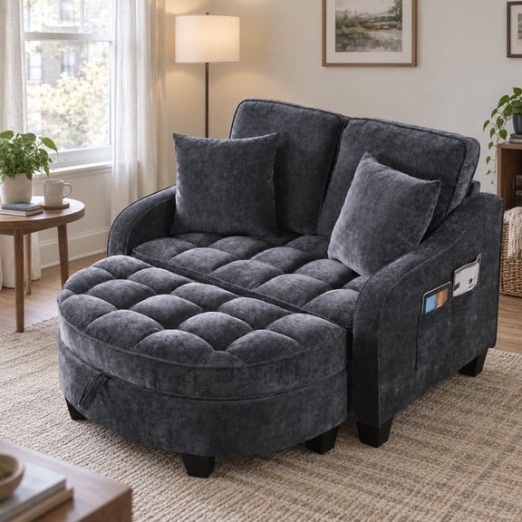 MOONMISS Oversized Chair and A Half, Chenille Tufting Accent Cozy Reading Sofa Chair with Storage Ottoman, Upholstered Loveseat Chaise Lounge Sofa with Adjustable Back for Living Room,Black