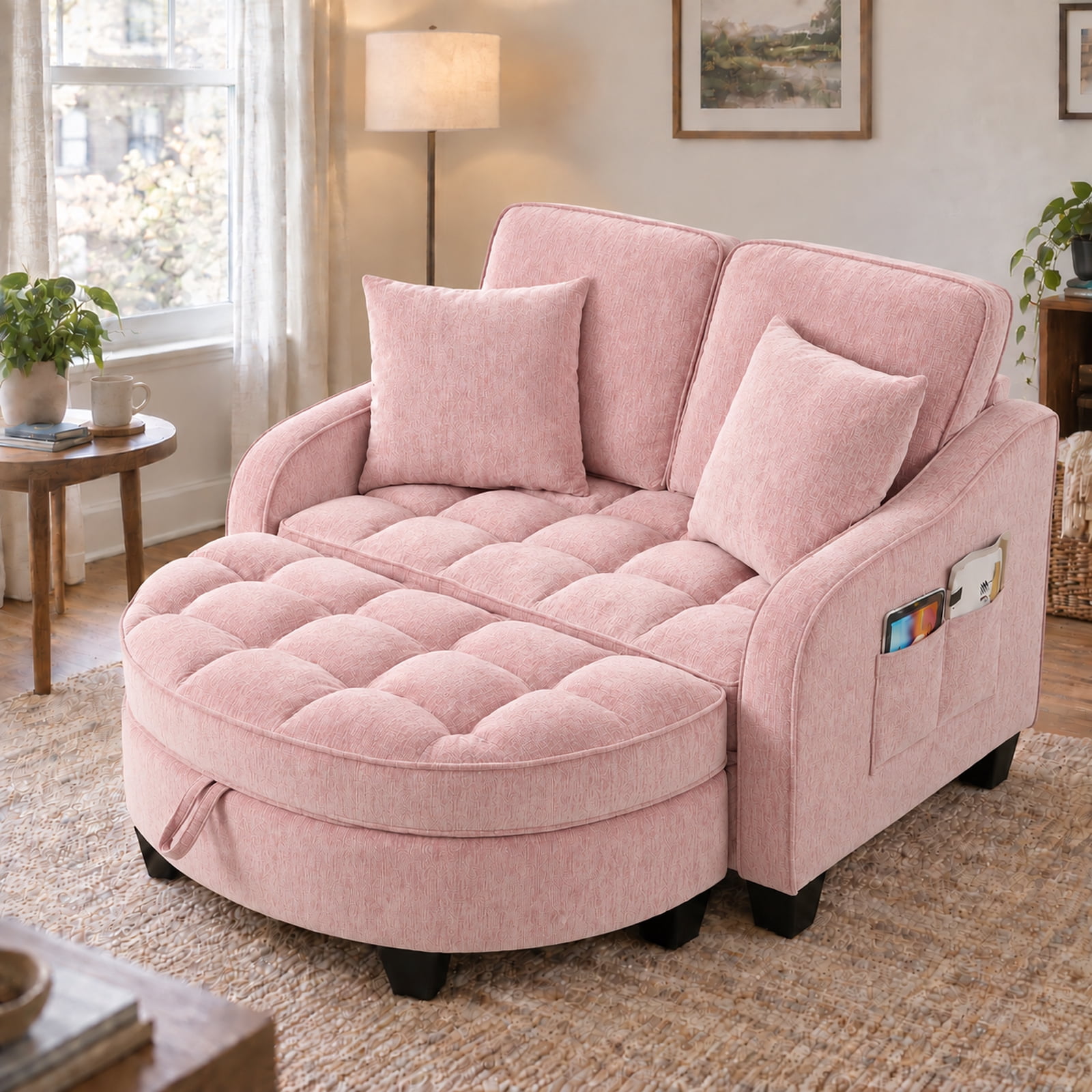 MOONMISS Oversized Chair and A Half, Chenille Tufting Accent Cozy Reading Sofa Chair with Storage Ottoman, Upholstered Loveseat Chaise Lounge Sofa 