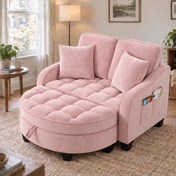 MOONMISS Oversized Chair and A Half, Chenille Tufting Accent Cozy Reading Sofa Chair with Storage Ottoman, Upholstered Loveseat Chaise Lounge Sofa with Adjustable Back for Living Room,Pink