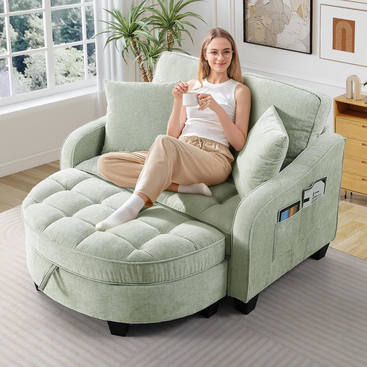 MOONMISS Oversized Chair and A Half, Chenille Tufting Accent Cozy Reading Sofa Chair with Storage Ottoman, Upholstered Loveseat Chaise Lounge Sofa with Adjustable Back for Living Room,Green