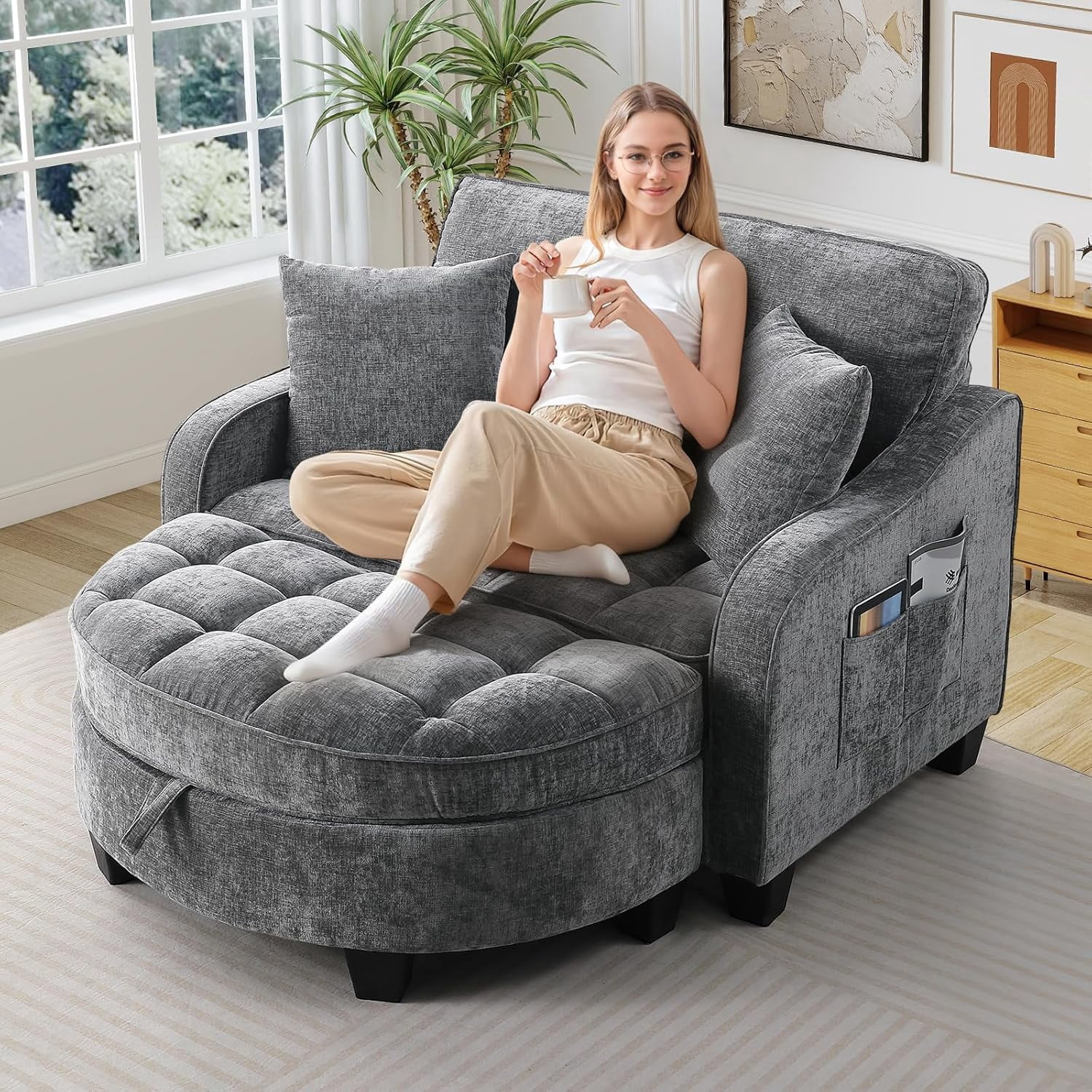 MOONMISS Oversized Chair and A Half, Chenille Tufting Accent Cozy Reading Sofa Chair with Storage Ottoman, Upholstered Loveseat Chaise Lounge Sofa with Adjustable Back for Living Room,Gray