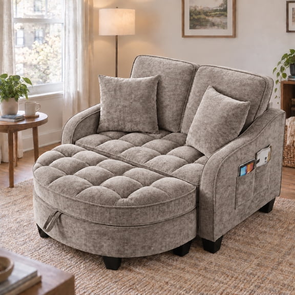 MOONMISS Oversized Chair and A Half, Chenille Tufting Accent Cozy Reading Sofa Chair with Storage Ottoman, Upholstered Loveseat Chaise Lounge Sofa with Adjustable Back for Living Room,Brown