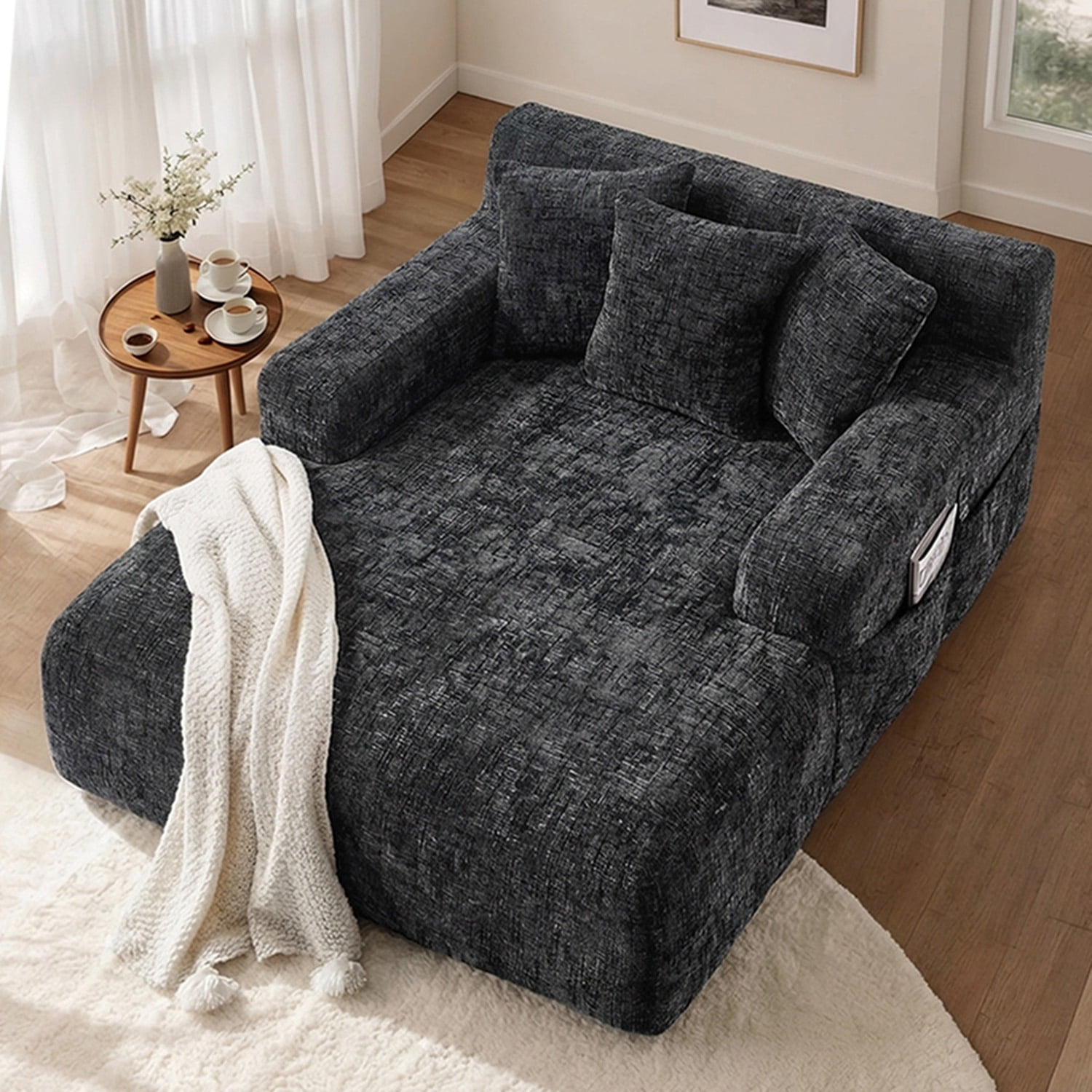 MOONMISS Oversized Chaise Lounge Chair Indoor Furniture, No Assembly Required, Plush Chenille Cloud Floor Sofa Bed for Living Room,Black