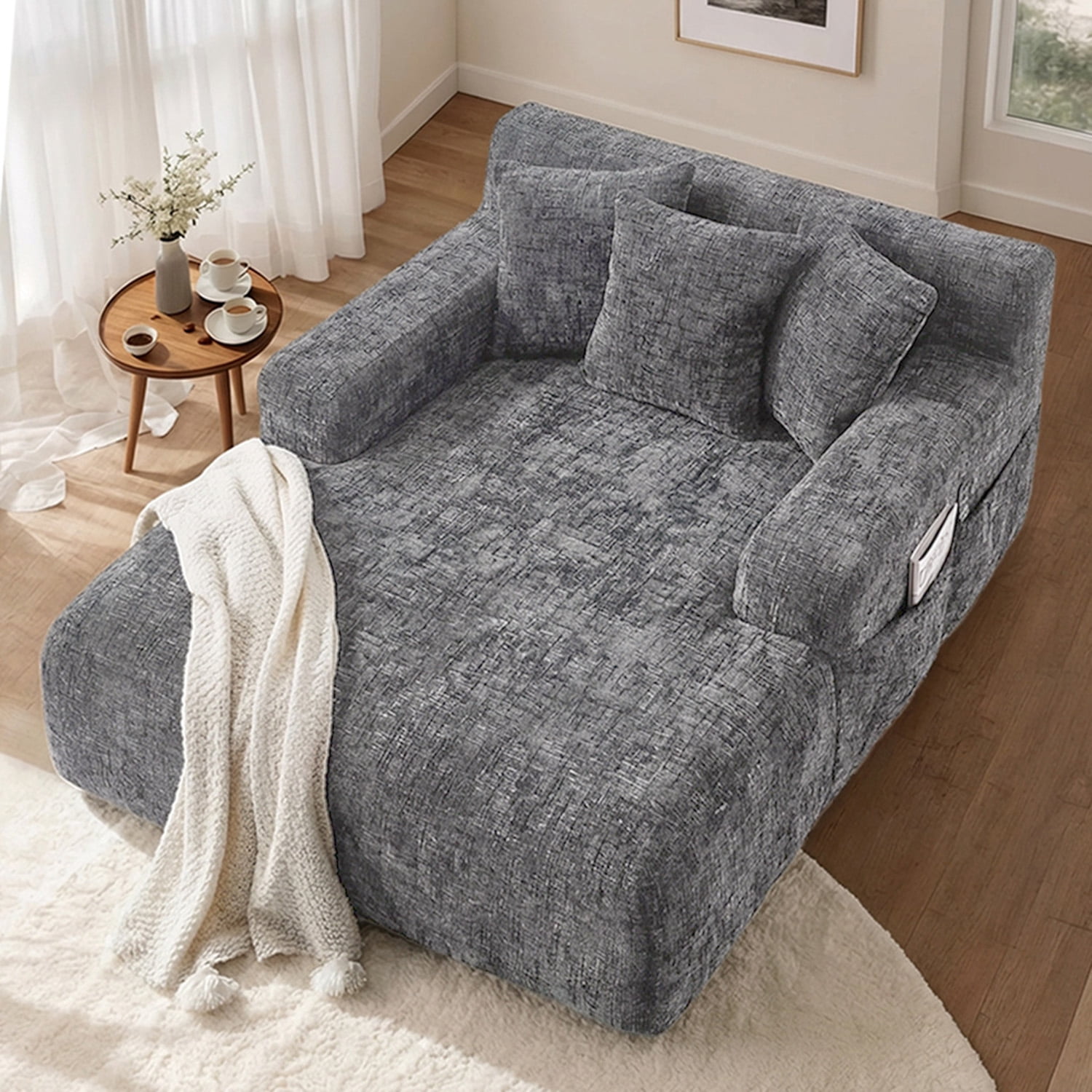 MOONMISS Oversized Chaise Lounge Chair Indoor Furniture, No Assembly Required, Plush Chenille Cloud Floor Sofa Bed for Living Room,Gray