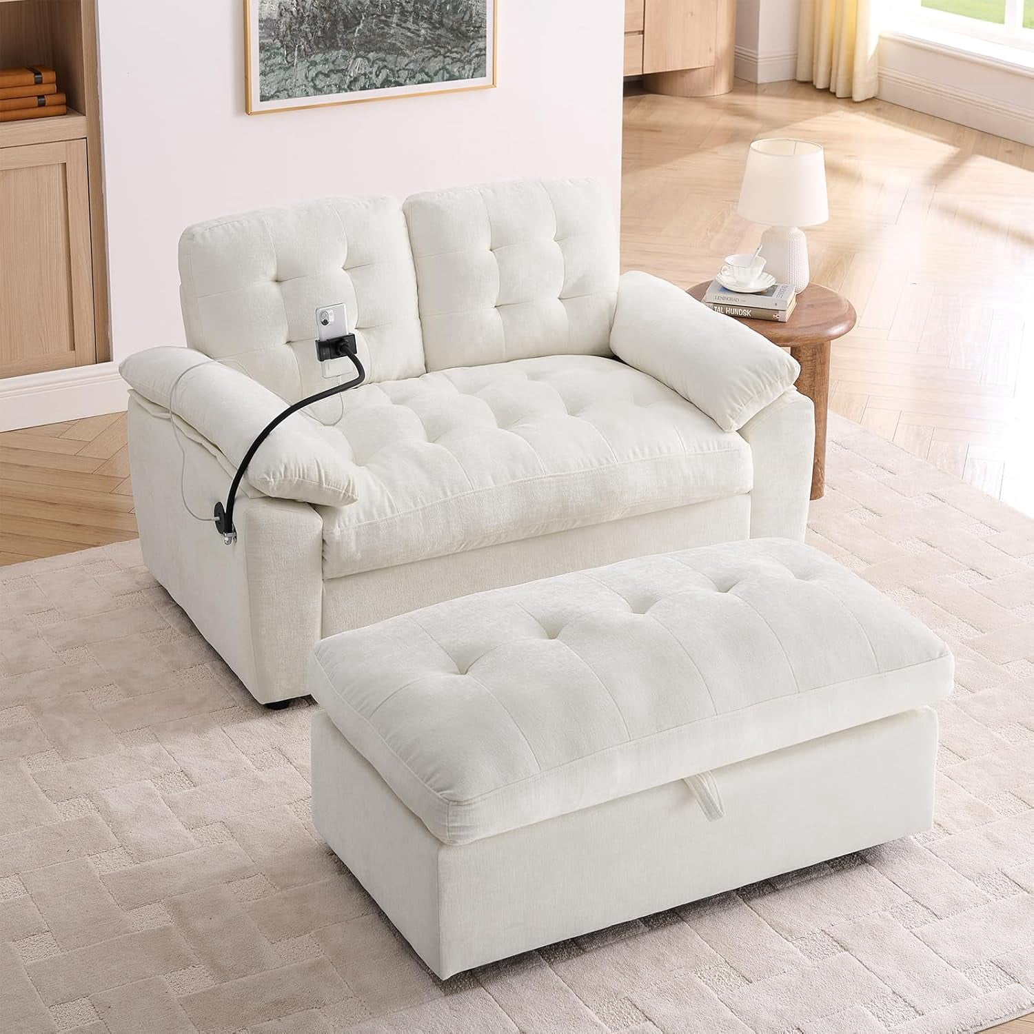 MOONMISS Oversized Chaise Lounge Chair Indoor with Ottoman&Adjustable Backrest,Chenille Tufted Recliner Sofa Chair with USB&Phone Holder,Convertible Sleeper Couch Bed for Living Room,Beige