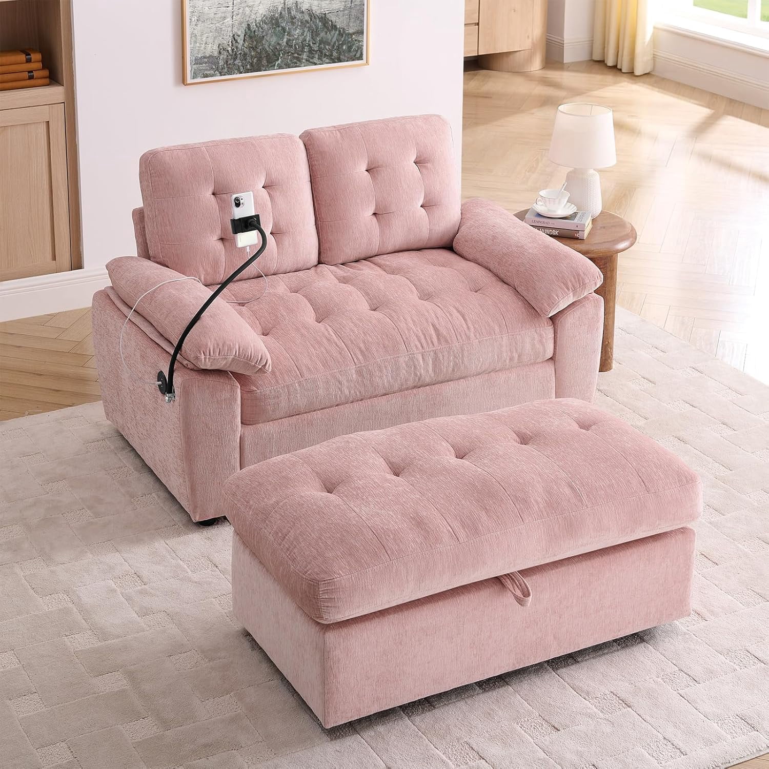 MOONMISS Oversized Chaise Lounge Chair Indoor with Ottoman&Adjustable Backrest,Chenille Tufted Recliner Sofa Chair with USB&Phone Holder,Convertible Sleeper Couch Bed for Living Room,Pink