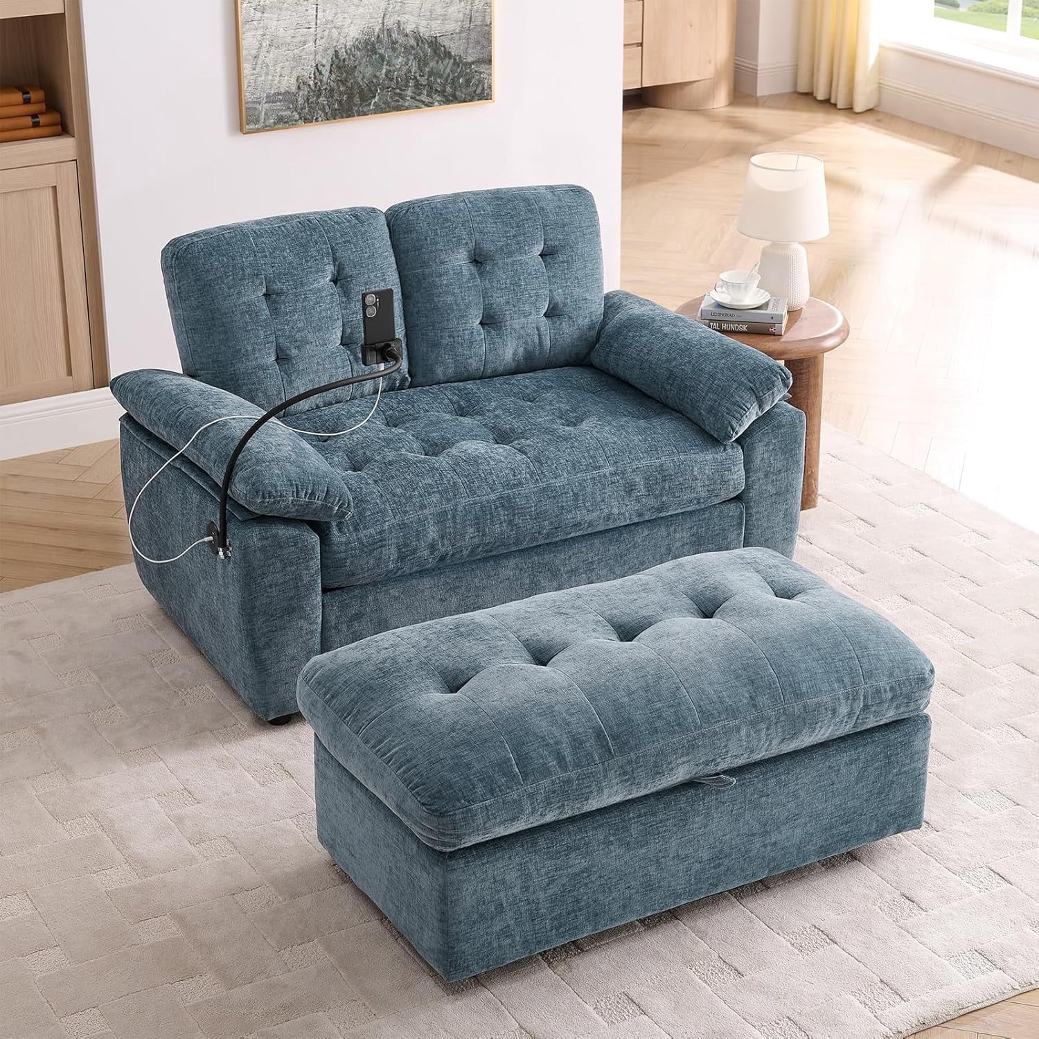 MOONMISS Oversized Chaise Lounge Chair Indoor with Ottoman&Adjustable Backrest,Chenille Tufted Recliner Sofa Chair with USB&Phone Holder,Convertible Sleeper Couch Bed for Living Room,Blue