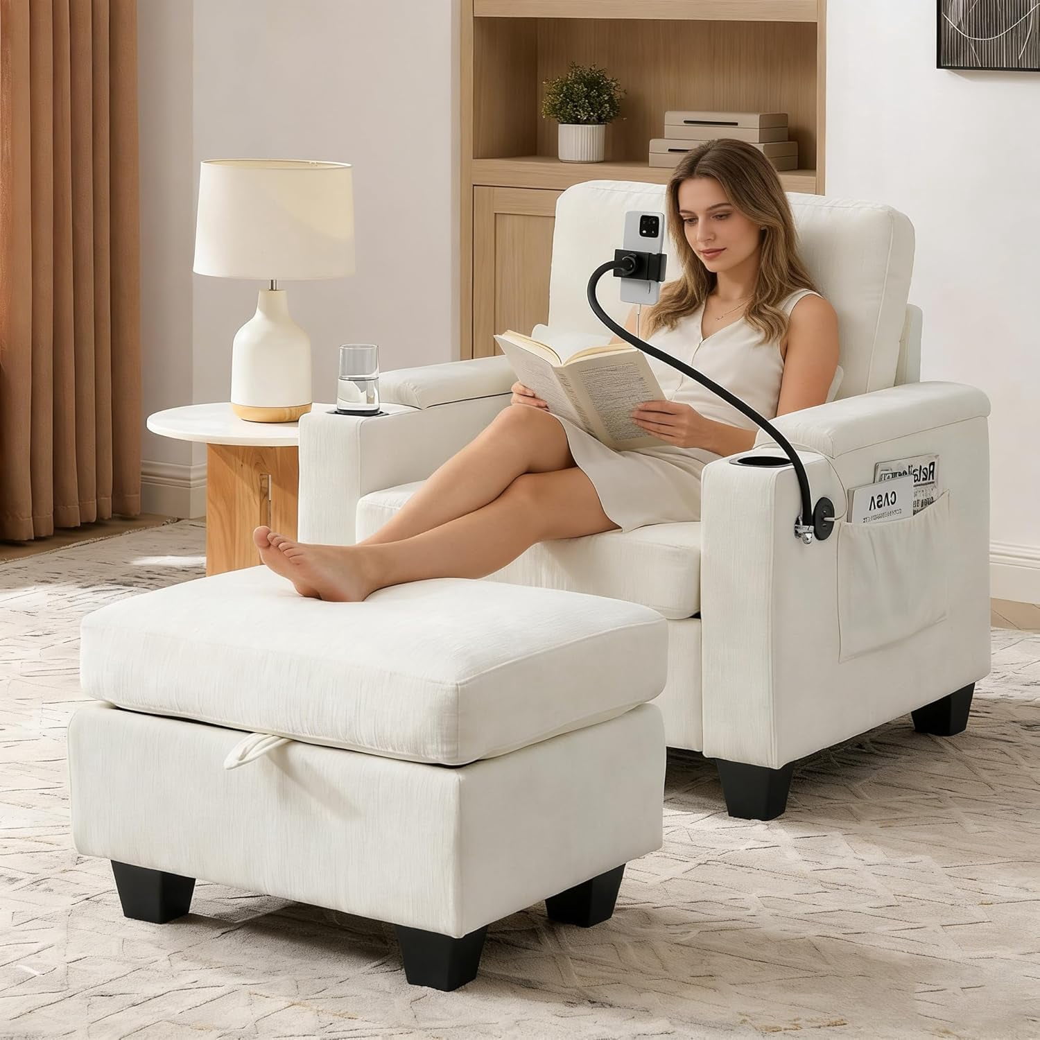 MOONMISS Oversized Chaise Lounge Chair Indoor, Single Convertible Recliner Reading Arm Sofa Chair W/Adjustable Backrest & Charging Port Couch Bed for Living Room, Home Theater & Bedroom,Beige