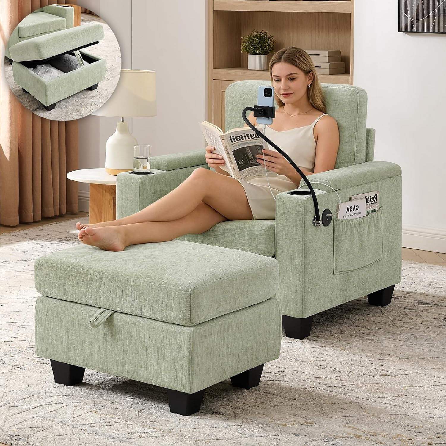 MOONMISS Oversized Chaise Lounge Chair Indoor, Single Convertible Recliner Reading Arm Sofa Chair W/Adjustable Backrest & Charging Port Couch Bed for Living Room, Home Theater & Bedroom,Green