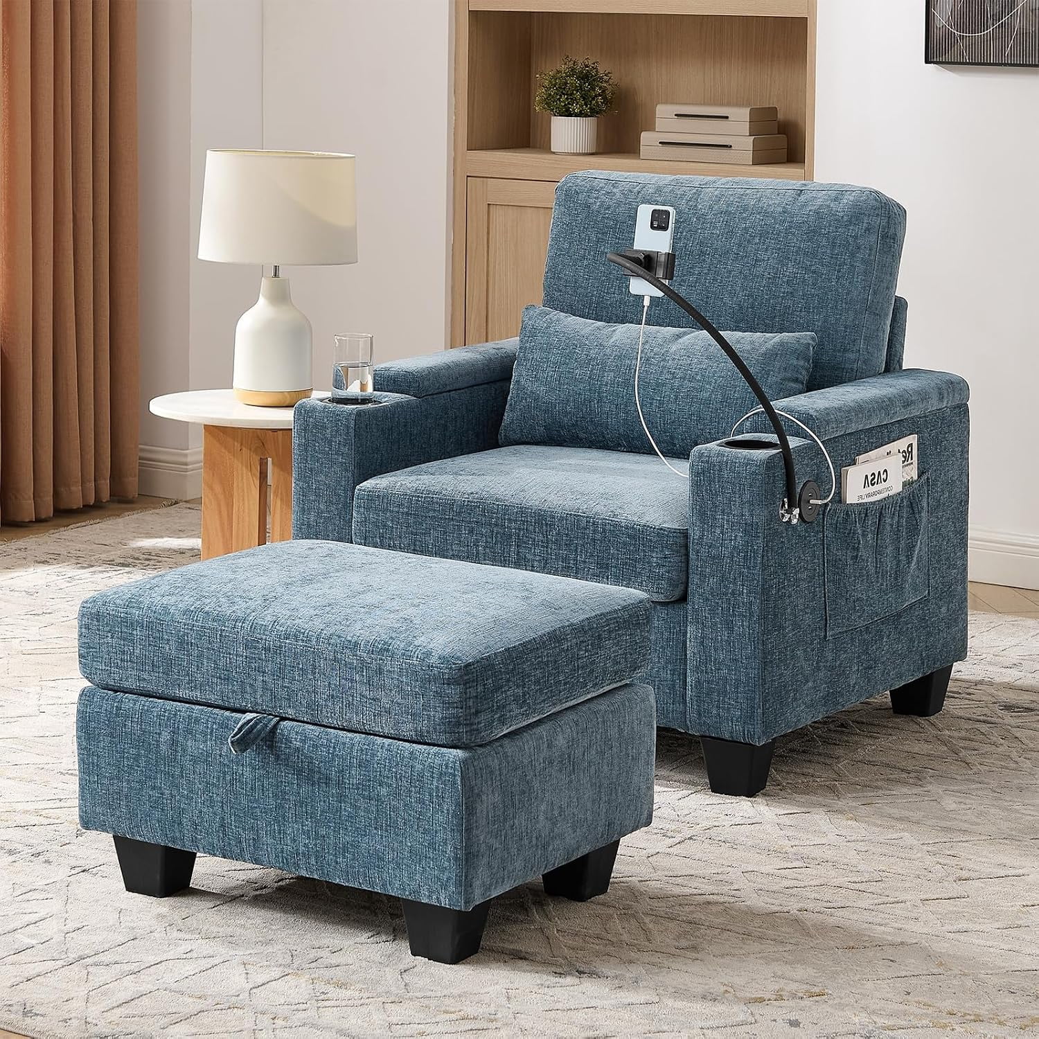 MOONMISS Oversized Chaise Lounge Chair Indoor, Single Convertible Recliner Reading Arm Sofa Chair W/Adjustable Backrest & Charging Port Couch Bed for Living Room, Home Theater & Bedroom,Blue