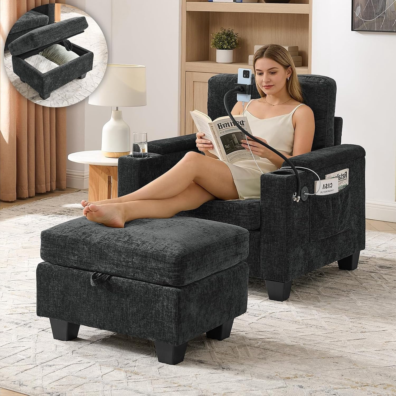 MOONMISS Oversized Chaise Lounge Chair Indoor, Single Convertible Recliner Reading Arm Sofa Chair W/Adjustable Backrest & Charging Port Couch Bed for Living Room, Home Theater & Bedroom,Black