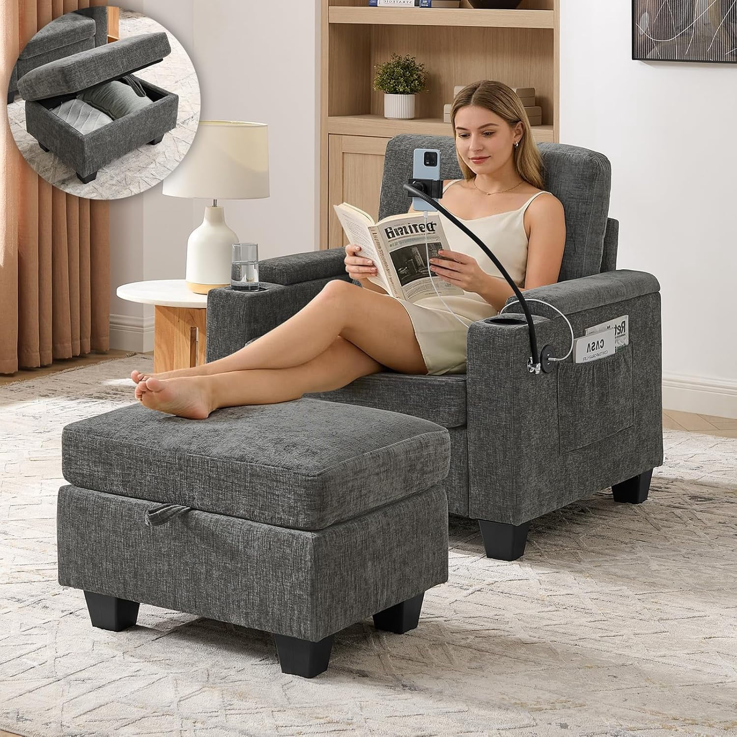 MOONMISS Oversized Chaise Lounge Chair Indoor, Single Convertible Recliner Reading Arm Sofa Chair W/Adjustable Backrest & Charging Port Couch Bed for Living Room, Home Theater & Bedroom,Gray