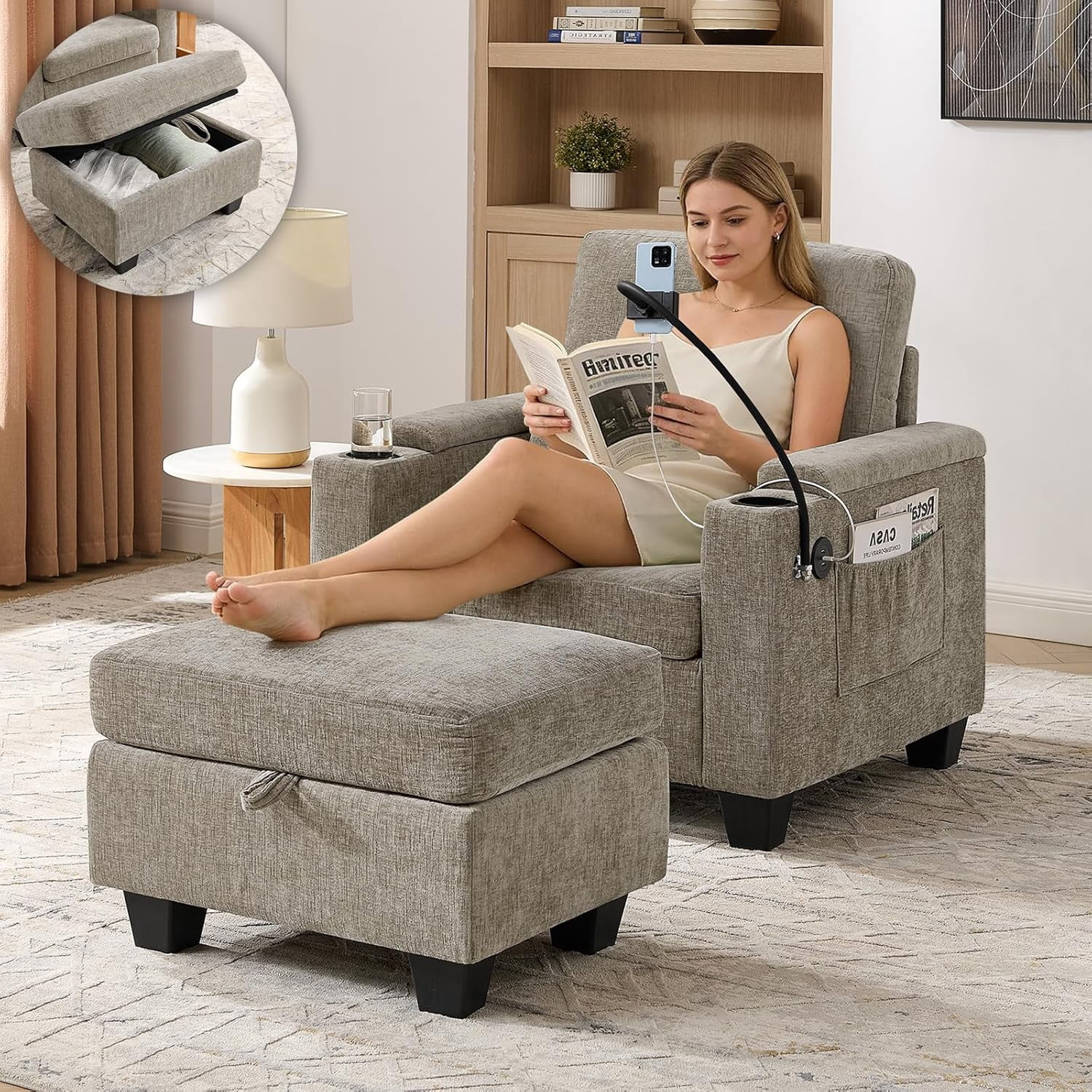 MOONMISS Oversized Chaise Lounge Chair Indoor, Single Convertible Recliner Reading Arm Sofa Chair W/Adjustable Backrest & Charging Port Couch Bed for Living Room, Home Theater & Bedroom,Brown
