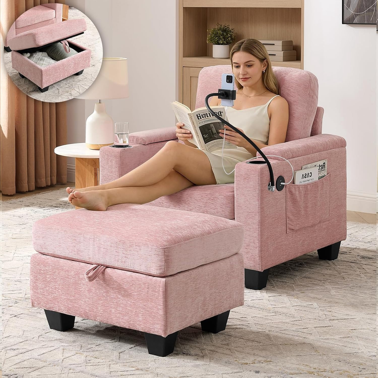 MOONMISS Oversized Chaise Lounge Chair Indoor, Single Convertible Recliner Reading Arm Sofa Chair W/Adjustable Backrest & Charging Port Couch Bed for Living Room, Home Theater & Bedroom,Pink