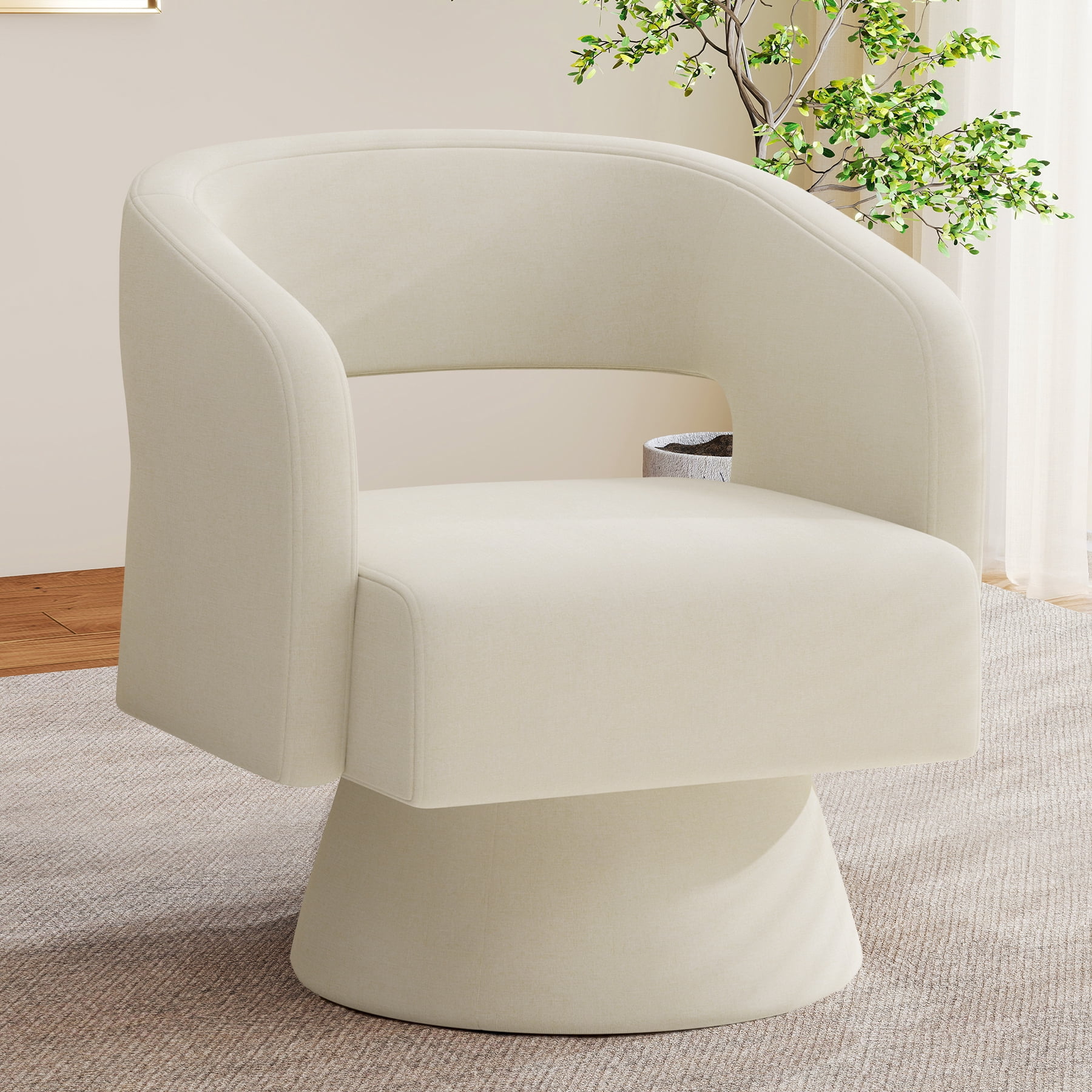 MOONMISS Oversized Chenille Swivel Barrel Accent Chair,Modern Comfy Round Arm Upholstered Armchair for Living Room,Beige