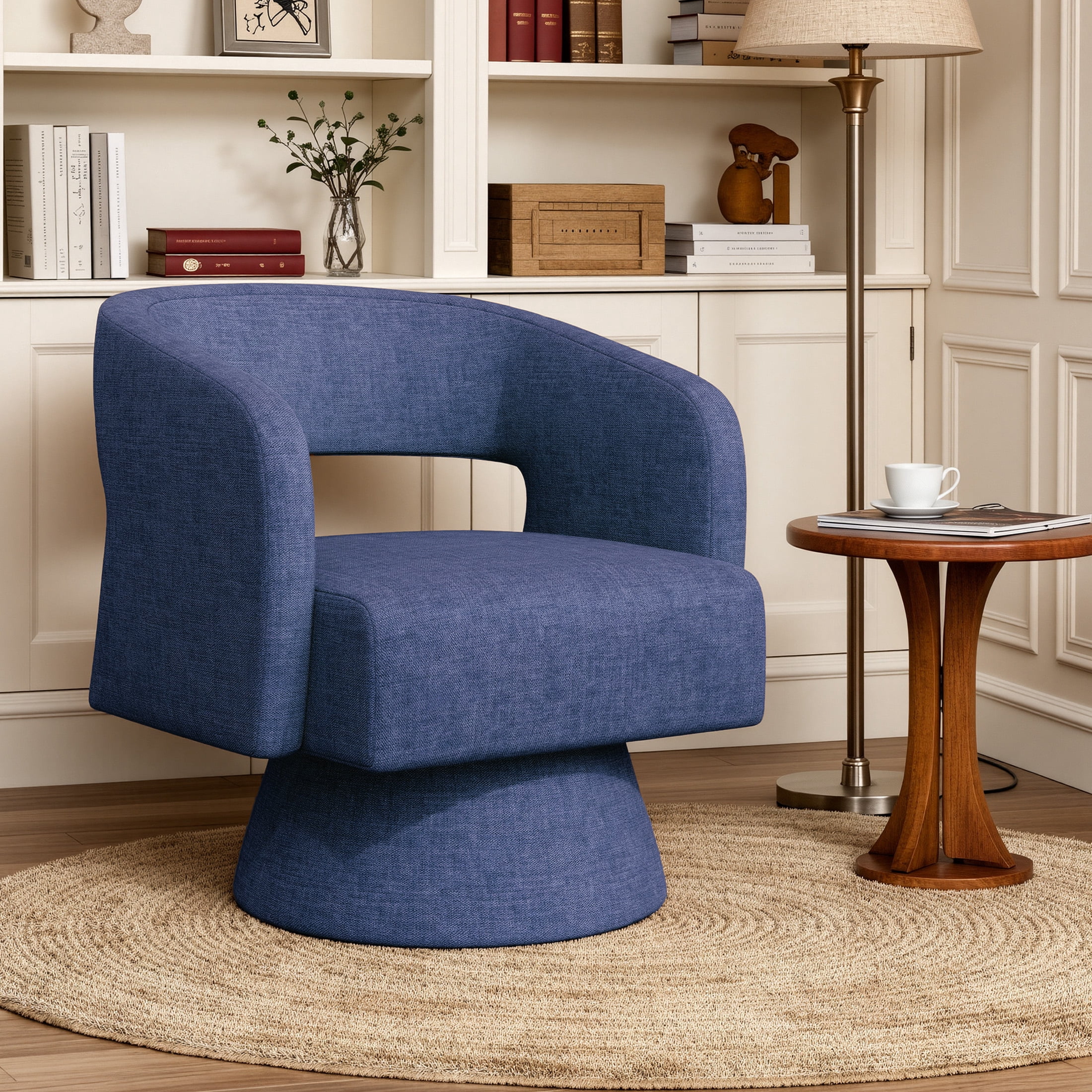 MOONMISS Oversized Chenille Swivel Barrel Accent Chair,Modern Comfy Round Arm Upholstered Armchair for Living Room,Blue