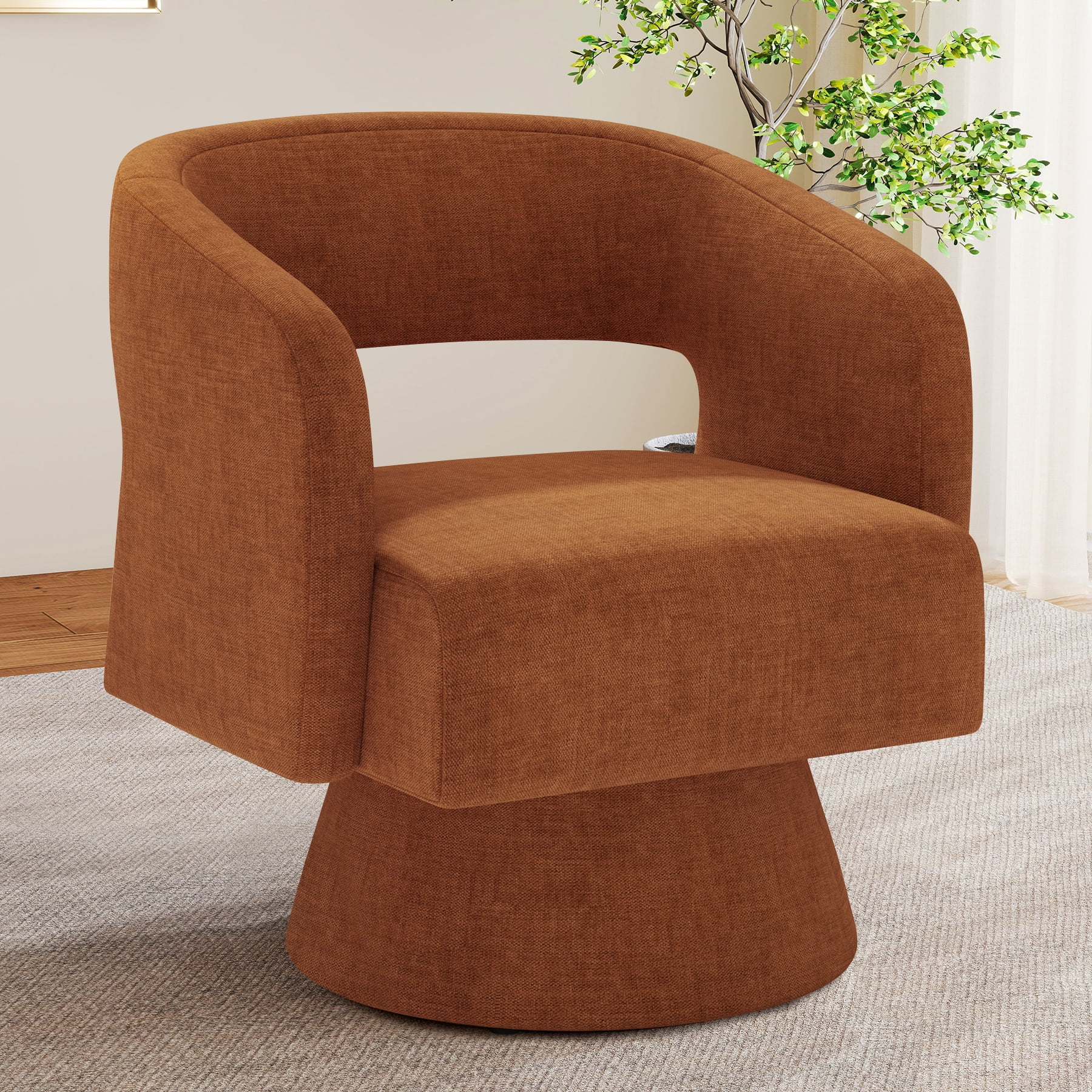 MOONMISS Oversized Chenille Swivel Barrel Accent Chair,Modern Comfy Round Arm Upholstered Armchair for Living Room,Caramel