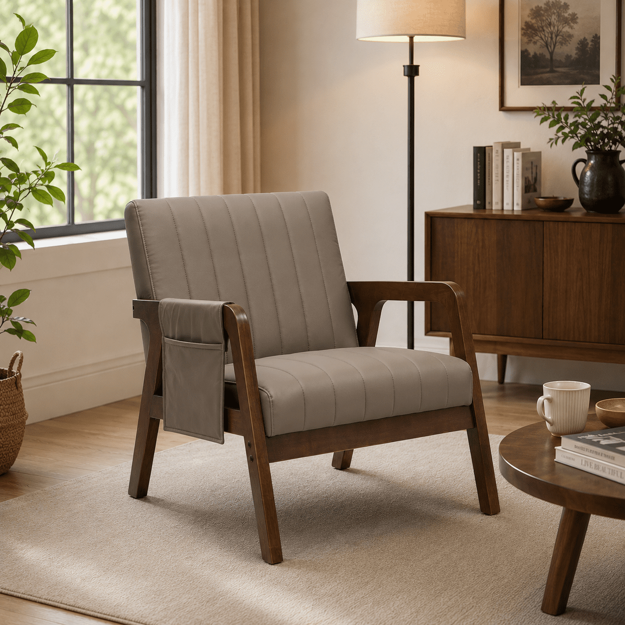 MOONMISS PU Leather Accent Chair,Mid-Century Modern Wood Frame Arm Chair with Side Pocket Cushioned Sofa,Brown