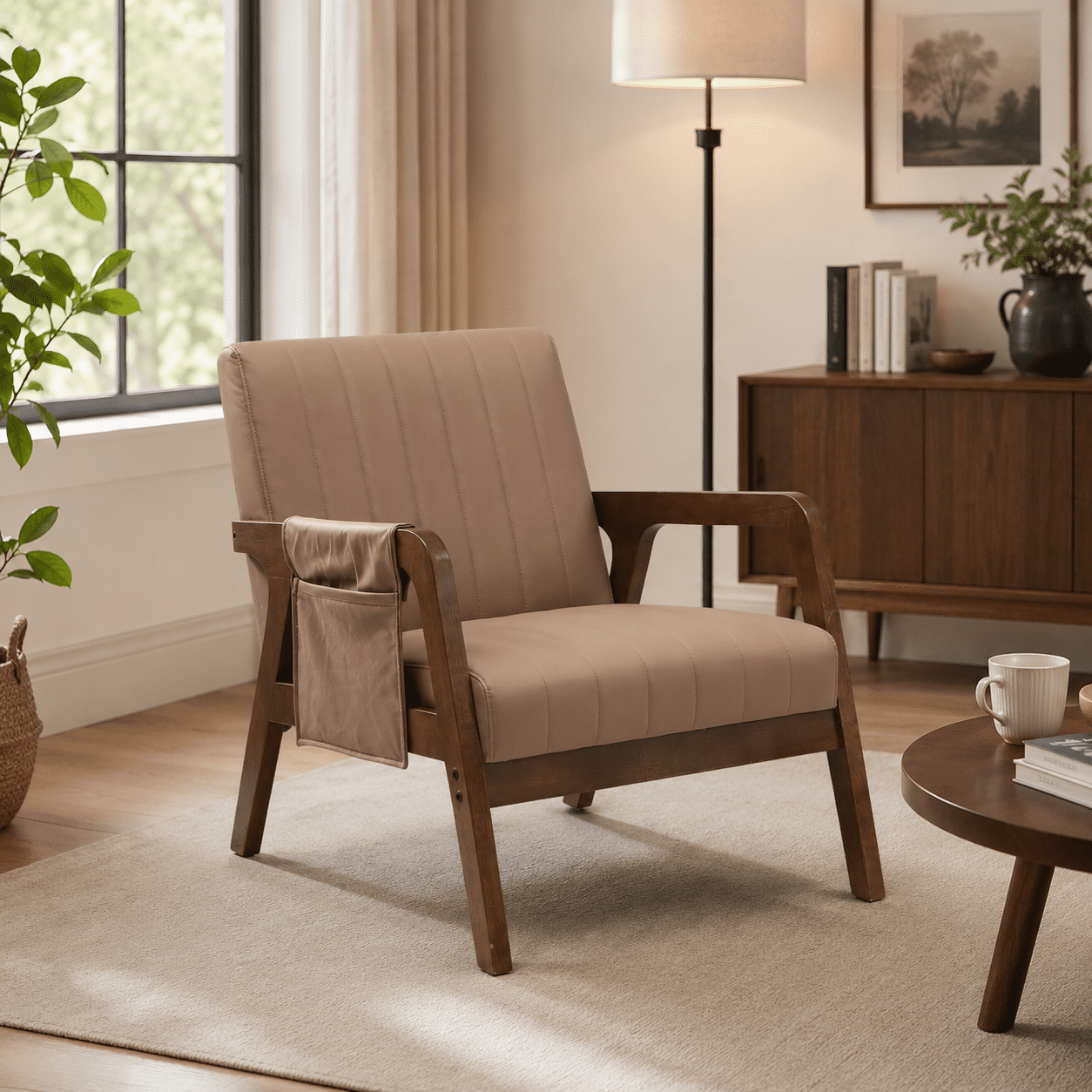 MOONMISS PU Leather Accent Chair,Mid-Century Modern Wood Frame Arm Chair with Side Pocket Cushioned Sofa,Dusty Pink
