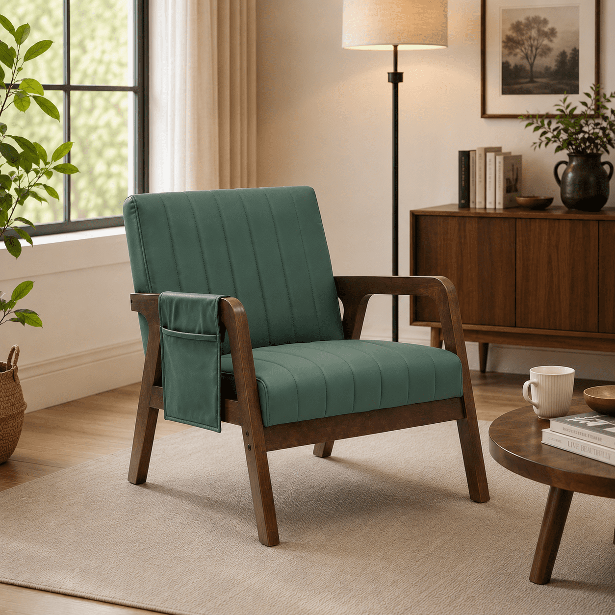 MOONMISS PU Leather Accent Chair,Mid-Century Modern Wood Frame Arm Chair with Side Pocket Cushioned Sofa,Green