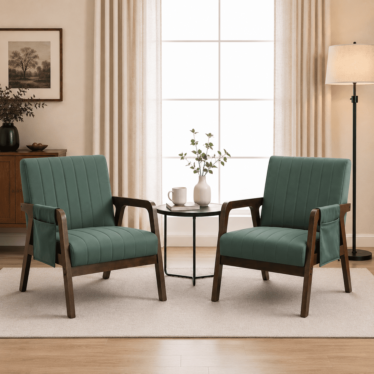 MOONMISS PU Leather Accent Chair Set of 2,Mid-Century Modern Wood Frame Arm Chair with Side Pocket Cushioned Sofa,Green