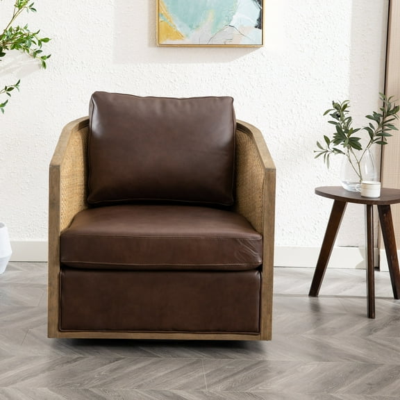MOONMISS PU Leather Upholstered 360°Swivel Hardwood and Rattan Frame Round Barrel Chair-Brown