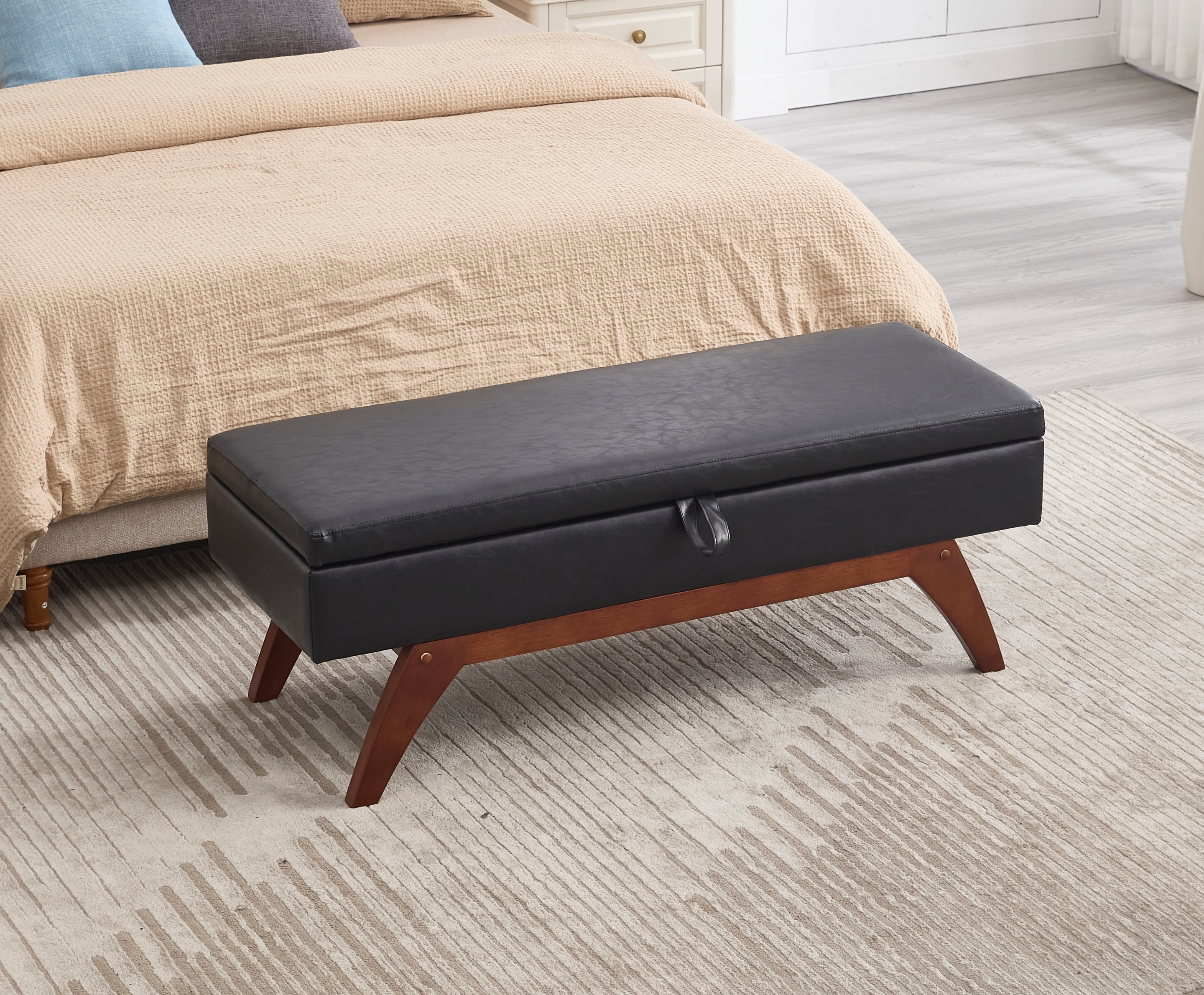 MOONMISS PU Leather Upholstered Solid Wood Frame Bed End Stool with Storage Function-Black