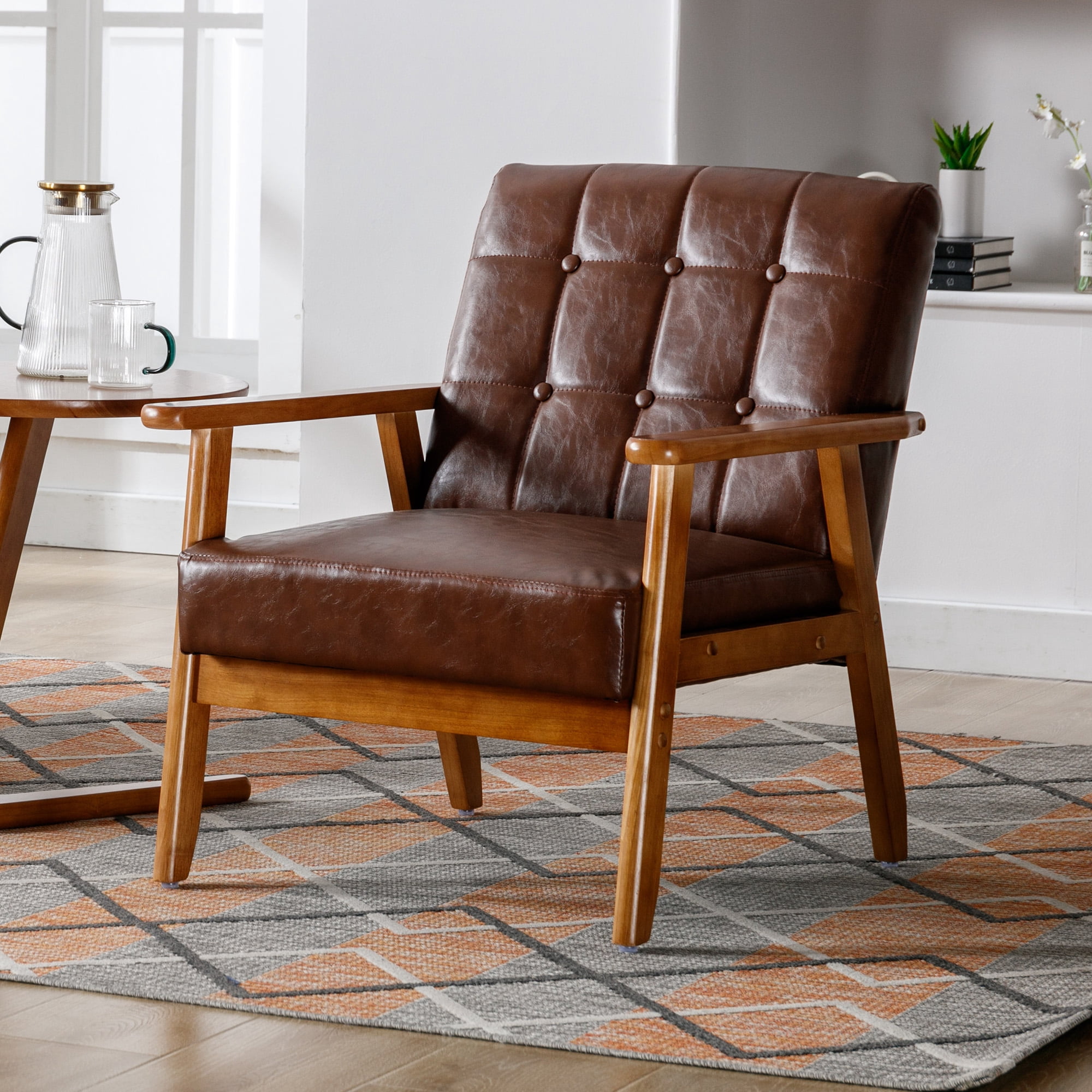 MOONMISS PU Leather Upholstered Tufted Mid-Century Modern Wood Frame Accent Chair for Living Room-Brown