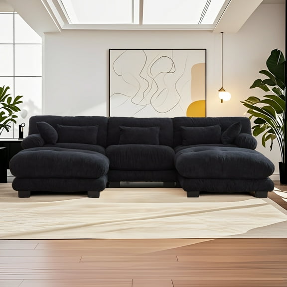 MOONMISS Pelletized velvet U Shape Cloud Couch with 2 Ottomans,Free Combined 3 Seater Comfy Sofa with Bolster Armrest Pillows, sofa for Living Room