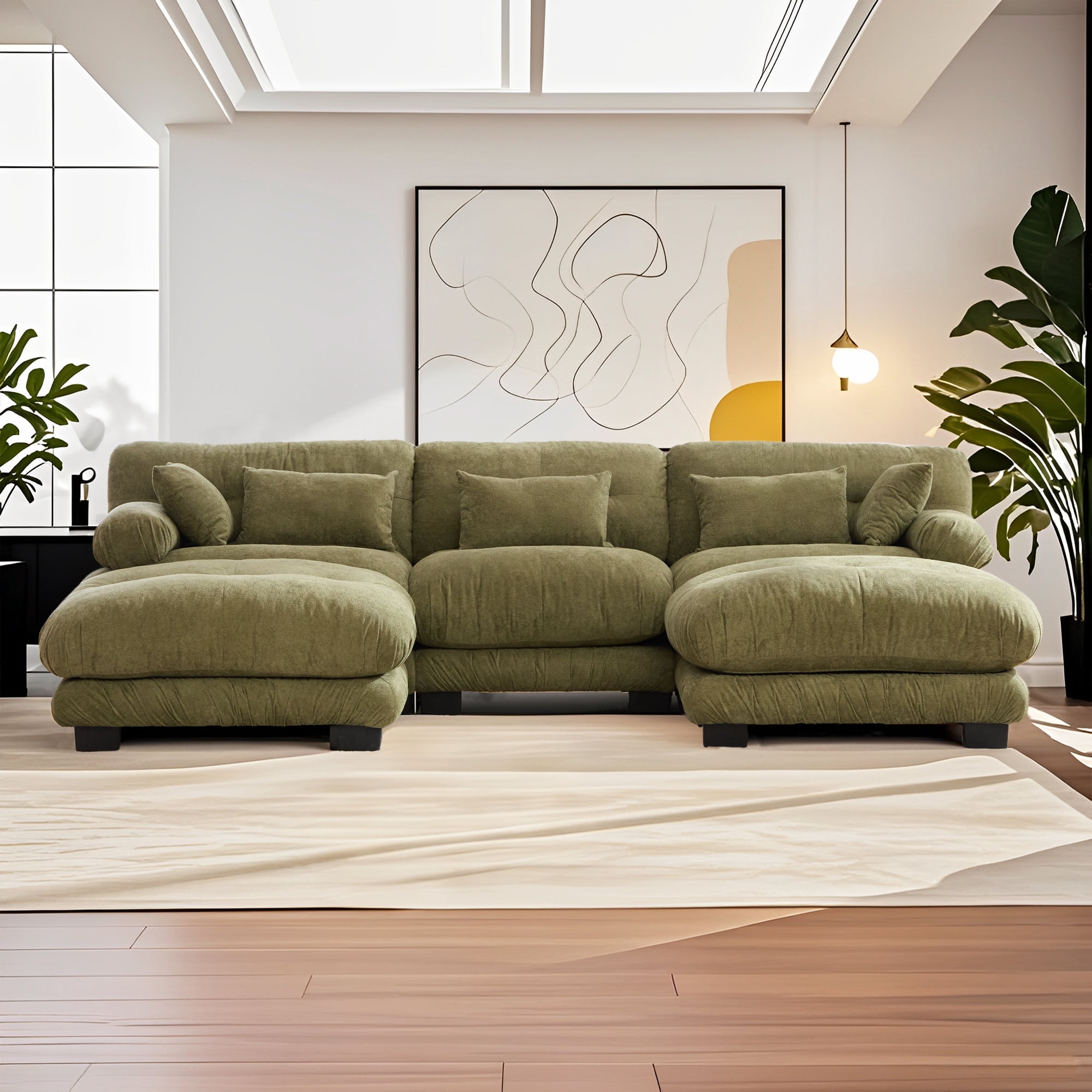 MOONMISS Pelletized velvet U Shape Cloud Couch with 2 Ottomans,Free Combined 3 Seater Comfy Sofa with Bolster Armrest Pillows, sofa for Living Room