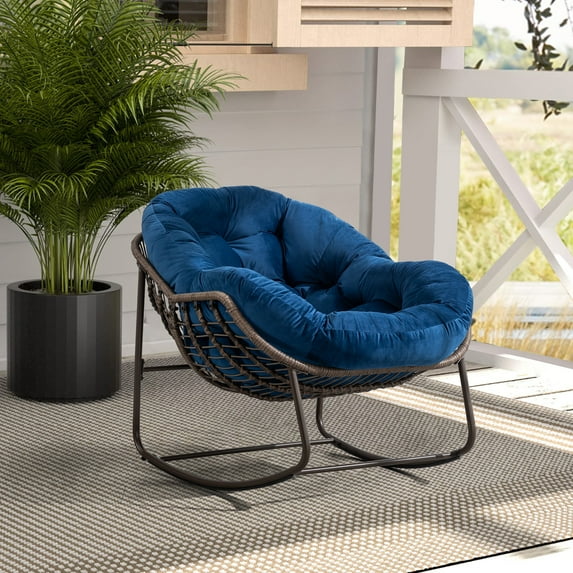 MOONMISS Rattan Rocking Chair, Indoor & Outdoor Comfy Rocker Chair with Thick Cushion, Modern Lounge Chair for Balcony, Porch, Garden, Backyard, Deck, Navy