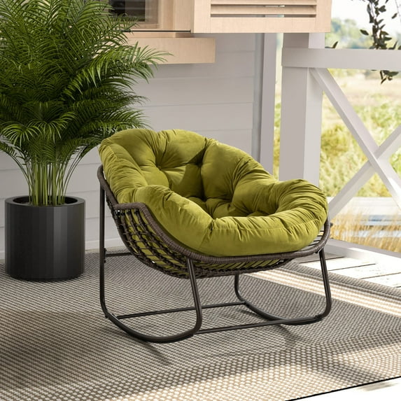 MOONMISS Rattan Rocking Chair, Indoor & Outdoor Comfy Rocker Chair with Thick Cushion, Modern Lounge Chair for Balcony, Porch, Garden, Backyard, Deck, Olive