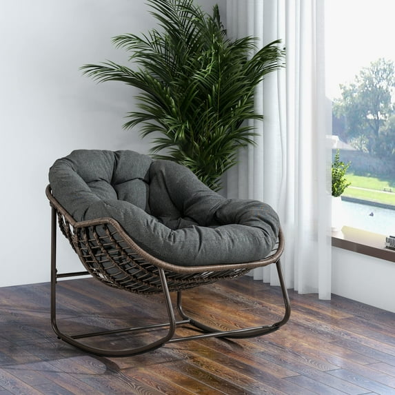 MOONMISS Rattan Rocking Chair, Indoor & Outdoor Comfy Rocker Chair with Thick Cushion, Modern Lounge Chair for Balcony, Porch, Garden, Backyard, Deck, Gray