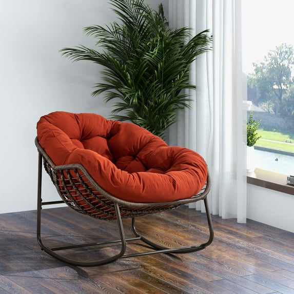 MOONMISS Rattan Rocking Chair, Indoor & Outdoor Comfy Rocker Chair with Thick Cushion, Modern Lounge Chair for Balcony, Porch, Garden, Backyard, Deck, Orange