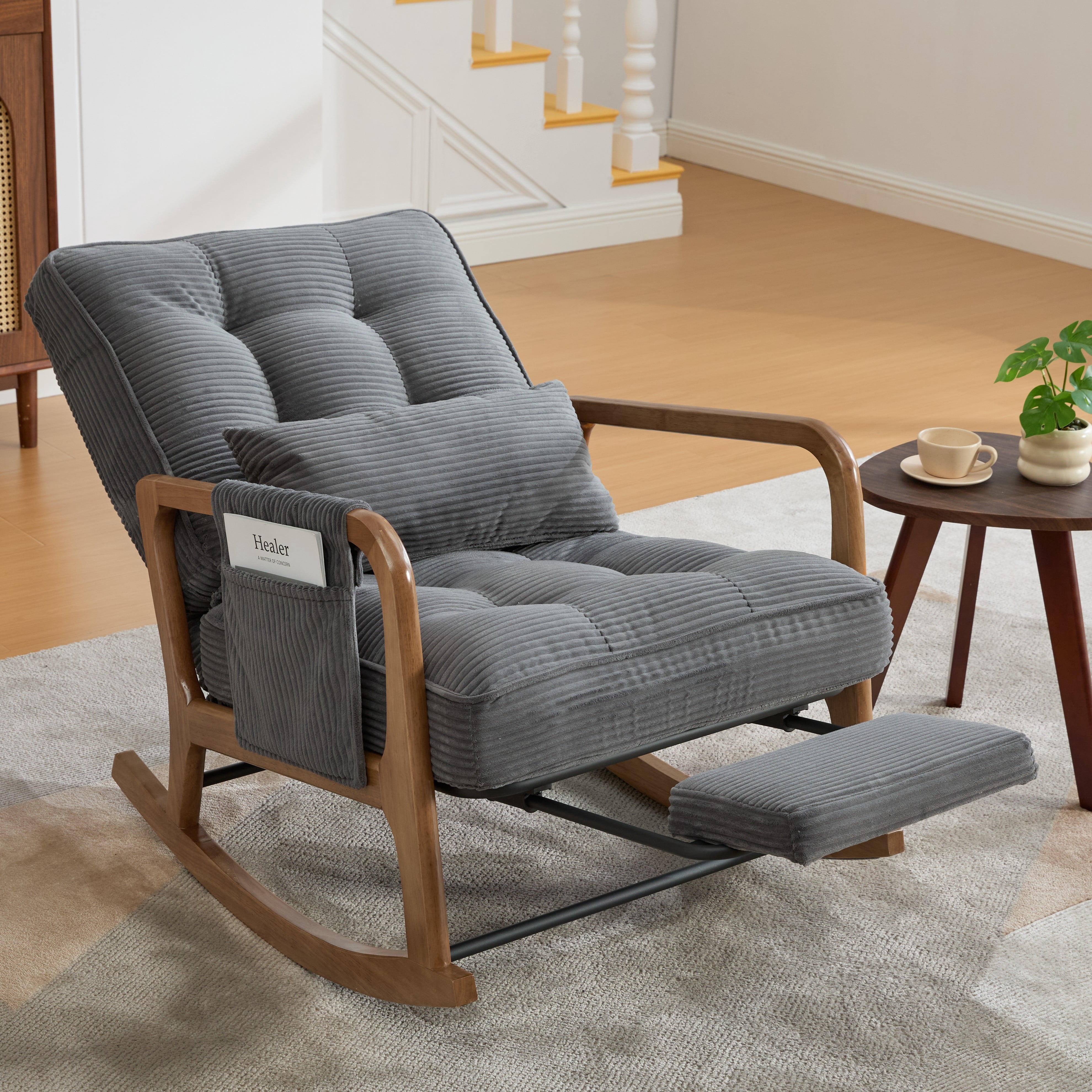 MOONMISS Rocking Chair with Footrest,Rocker Nursery Chair with Side Pocket,Glider Rocker,Accent Reading Chair for Living Room,Dark Gray
