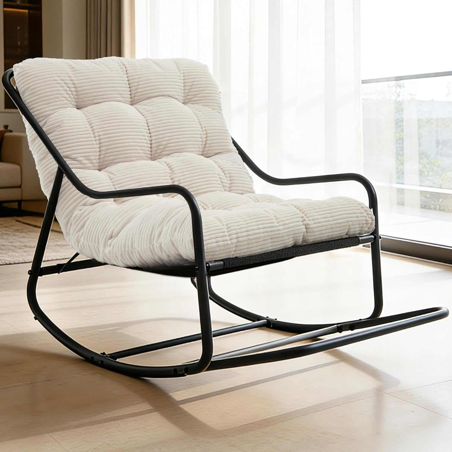 MOONMISS Rocking Chair with Soft Comfy Thick Cushion,Indoor/Outdoor with Footrest,Beige