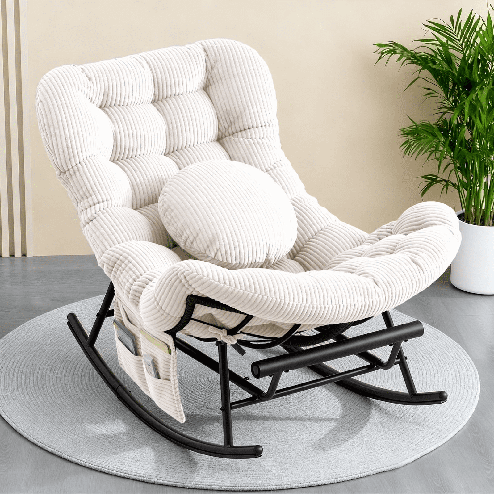 MOONMISS Rocking Chair with Thick Cushion and Footrest,Large Wicker Patio Rocker,Sturdy Steel Frame Lounge for Indoor/Outdoor