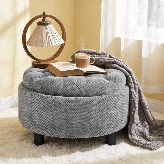 MOONMISS Round Ottoman with Storage and Reversible Tray, Upholstered Fabric Footrest Coffee Table for the Living Room, Bedroom, or Entryway,Light Gray