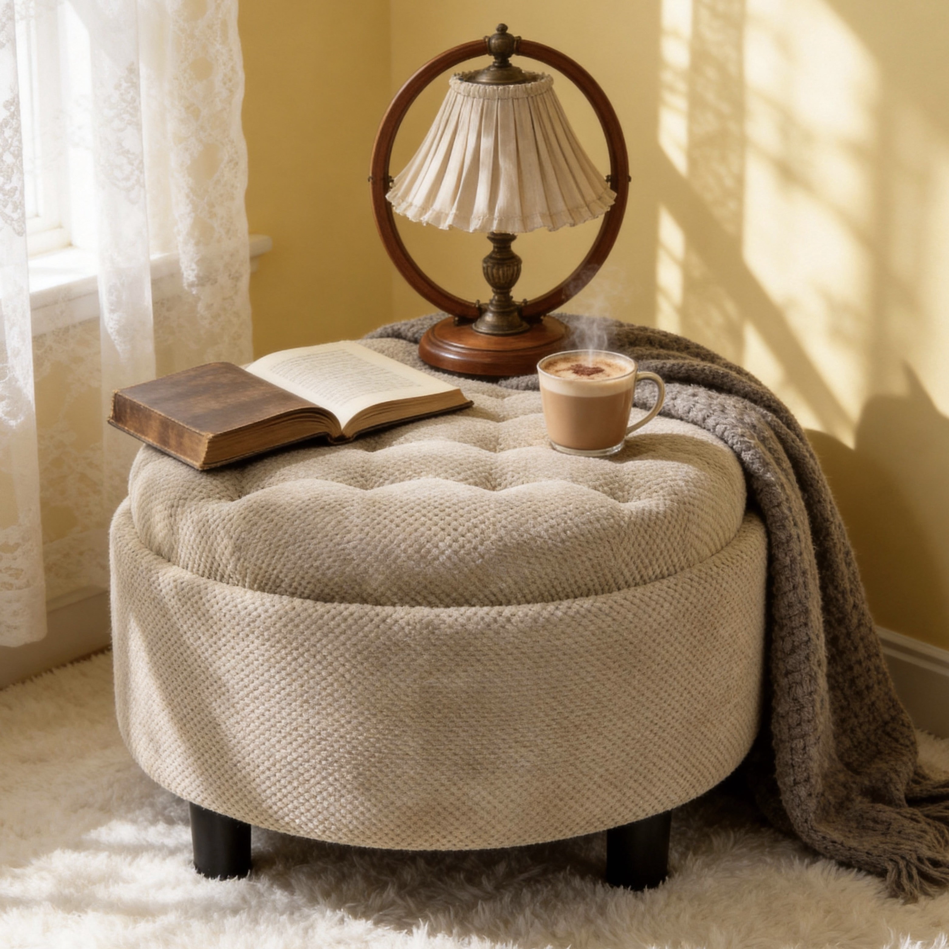 MOONMISS Round Ottoman with Storage and Reversible Tray, Upholstered Fabric Footrest Coffee Table for the Living Room, Bedroom, or Entryway,Camel