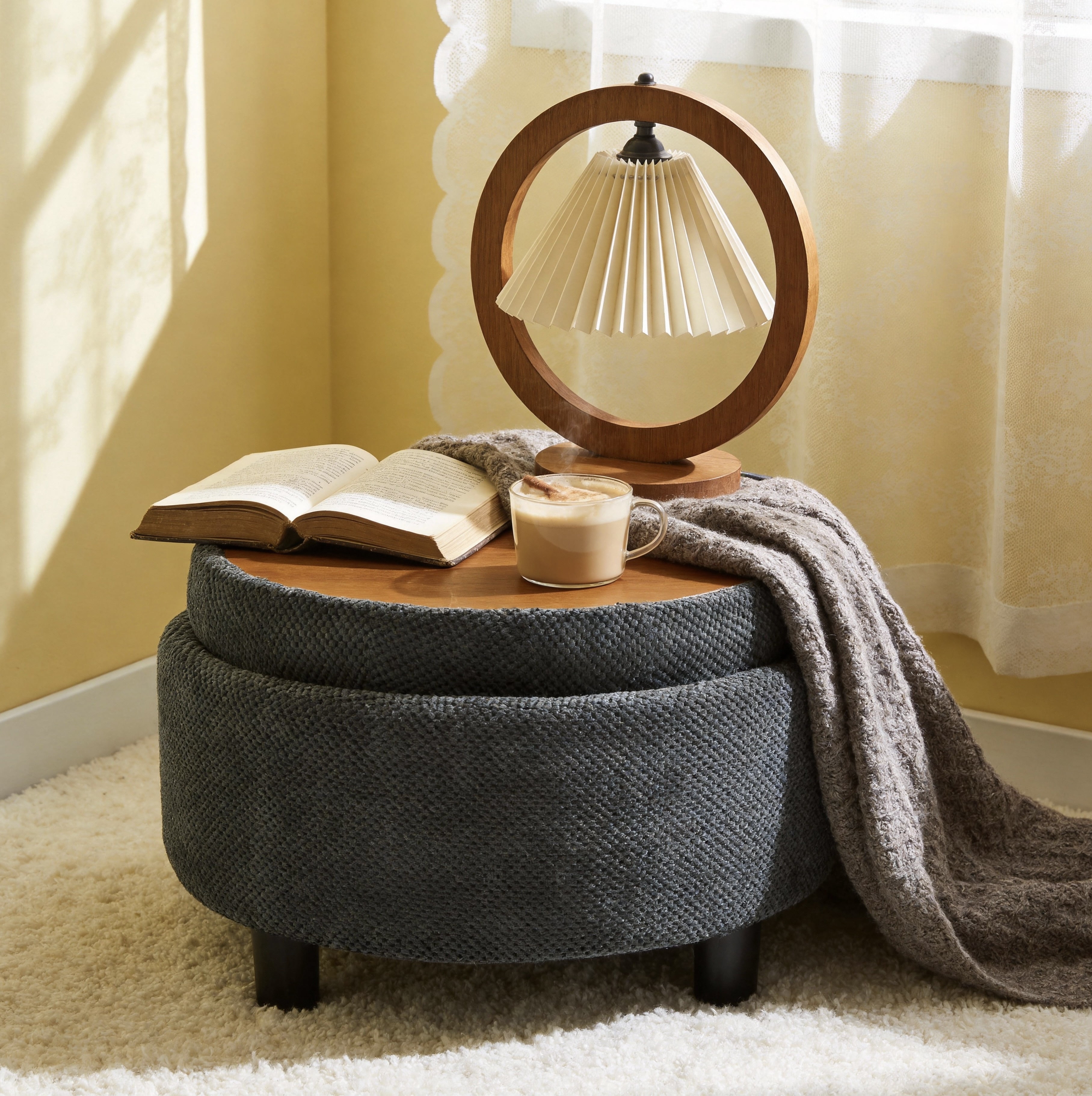 MOONMISS Round Ottoman with Storage and Reversible Tray, Upholstered Fabric Footrest Coffee Table for the Living Room, Bedroom, or Entryway,Dark Gray