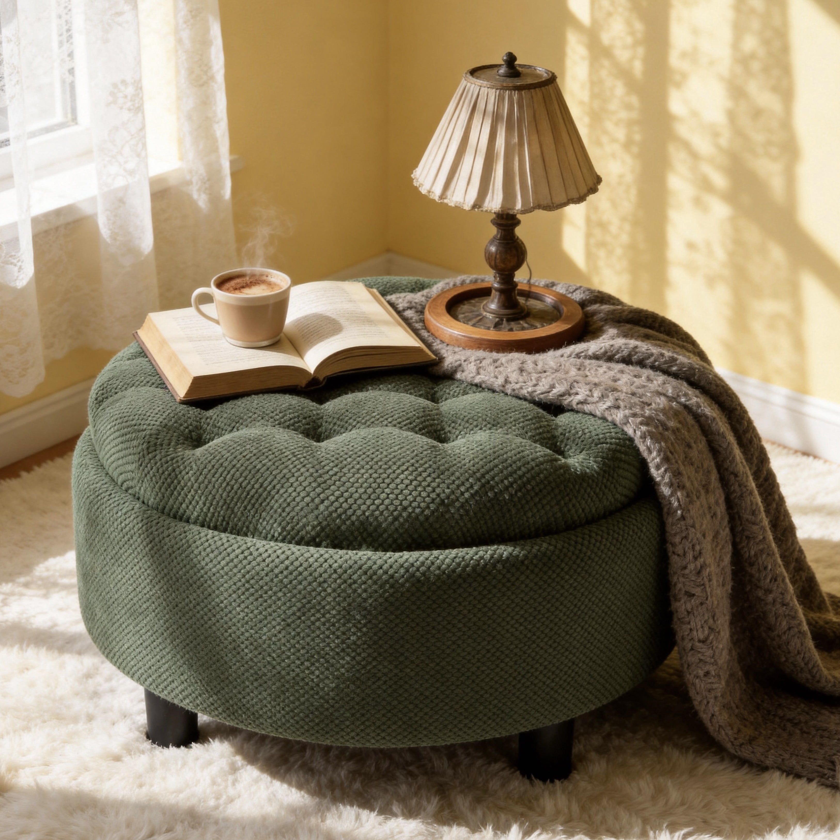 MOONMISS Round Ottoman with Storage and Reversible Tray, Upholstered Fabric Footrest Coffee Table for the Living Room, Bedroom, or Entryway,Green
