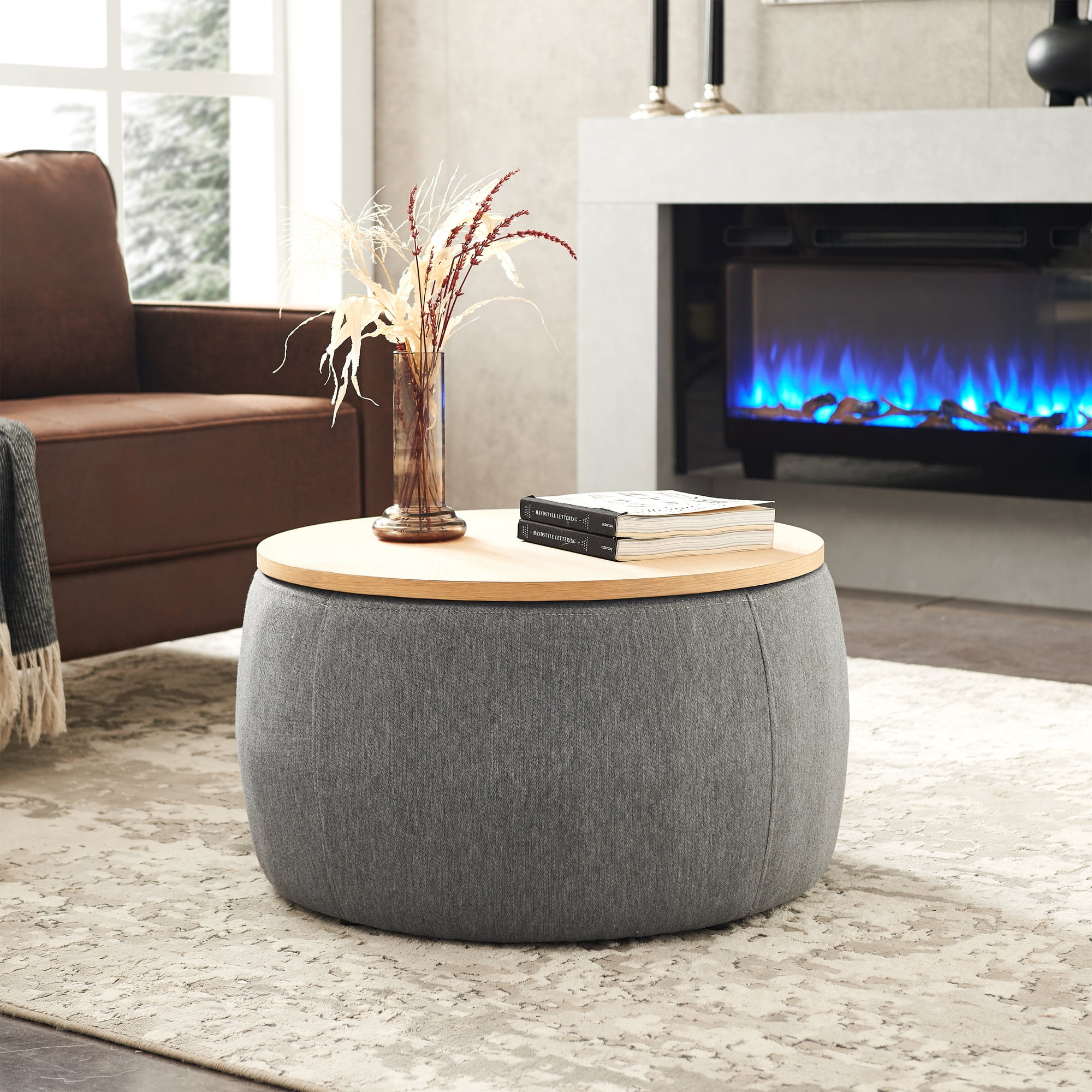 MOONMISS Round Storage Ottoman,25.5'' Foot Rest with Storage,Work as Side Table & Ottoman & Seat,Dark Grey