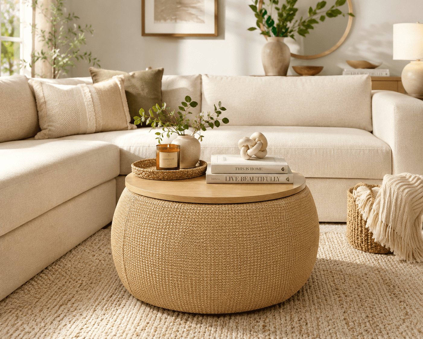 MOONMISS Round Storage Ottoman,25.5'' Foot Rest with Storage,Work as Side Table & Ottoman & Seat,Natural