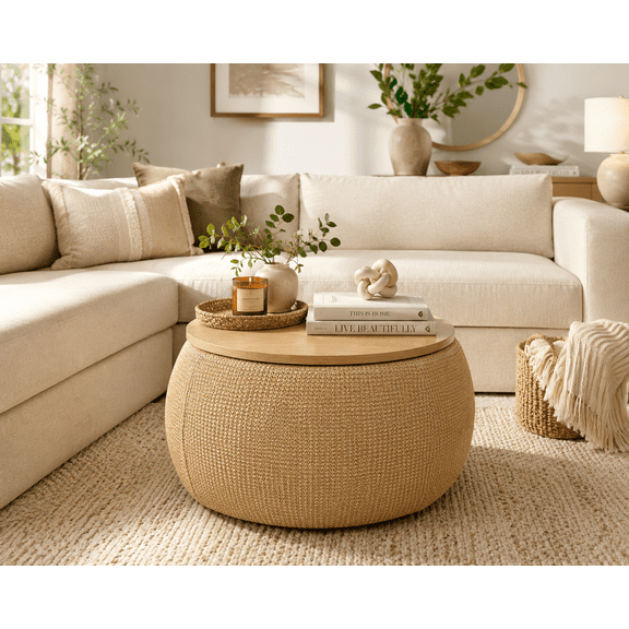 MOONMISS Round Storage Ottoman,25.5'' Foot Rest with Storage,Work as Side Table & Ottoman & Seat,Natural