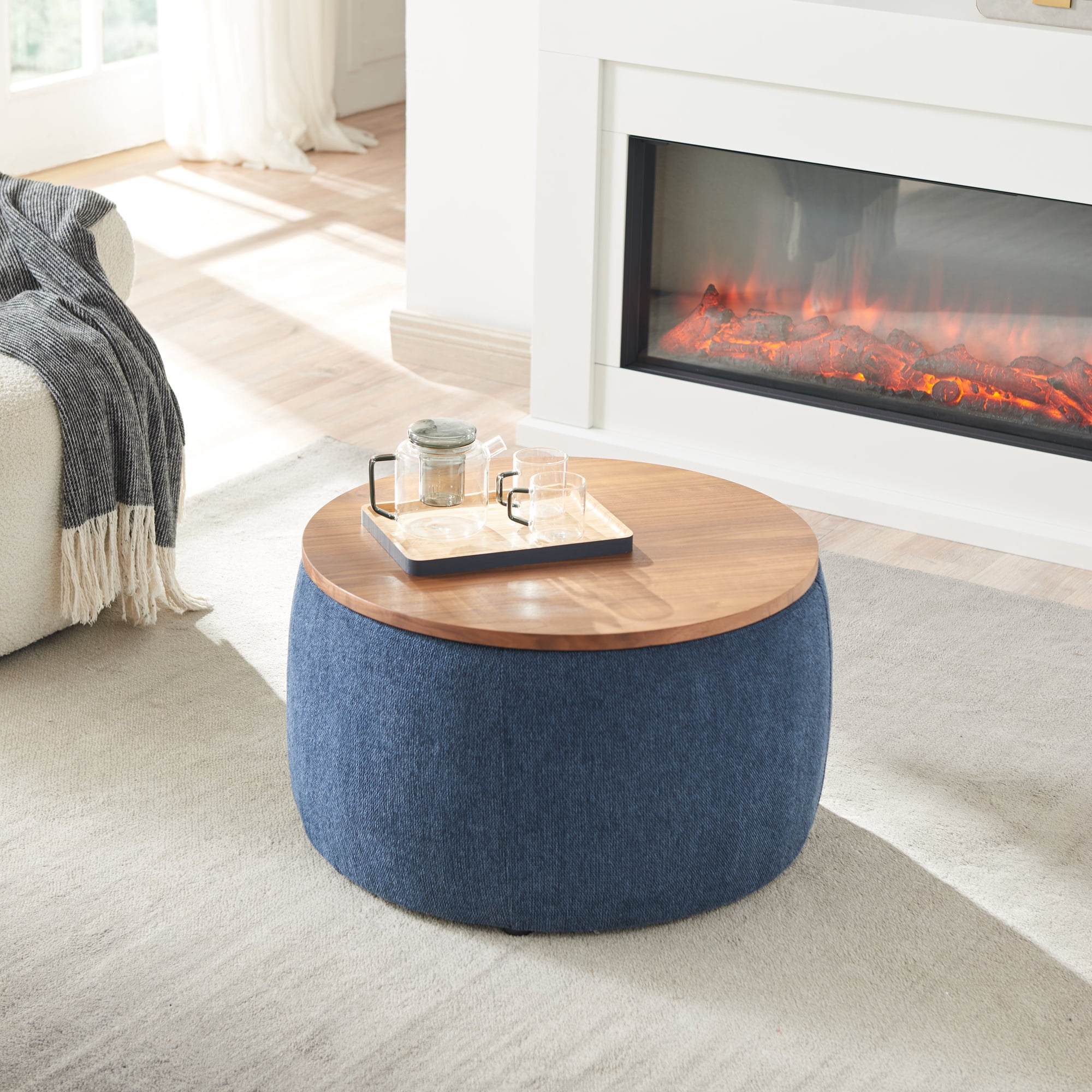 MOONMISS Round Storage Ottoman,25.5'' Foot Rest with Storage,Work as Side Table & Ottoman & Seat,Navy
