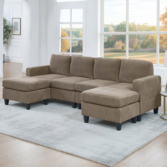 MOONMISS Savannah Modular Corduroy Sectional Sofa with Ottoman,Large Sectional Couches,Brown