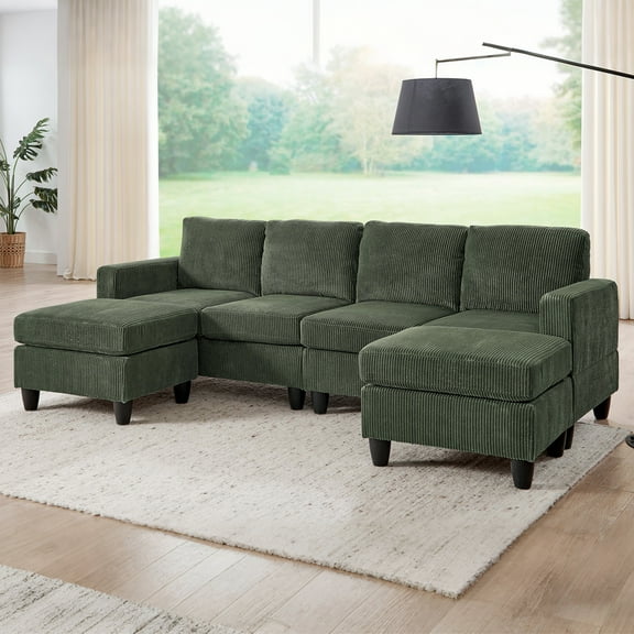 MOONMISS Savannah Modular Corduroy Sectional Sofa with Ottoman,Large Sectional Couches,Green