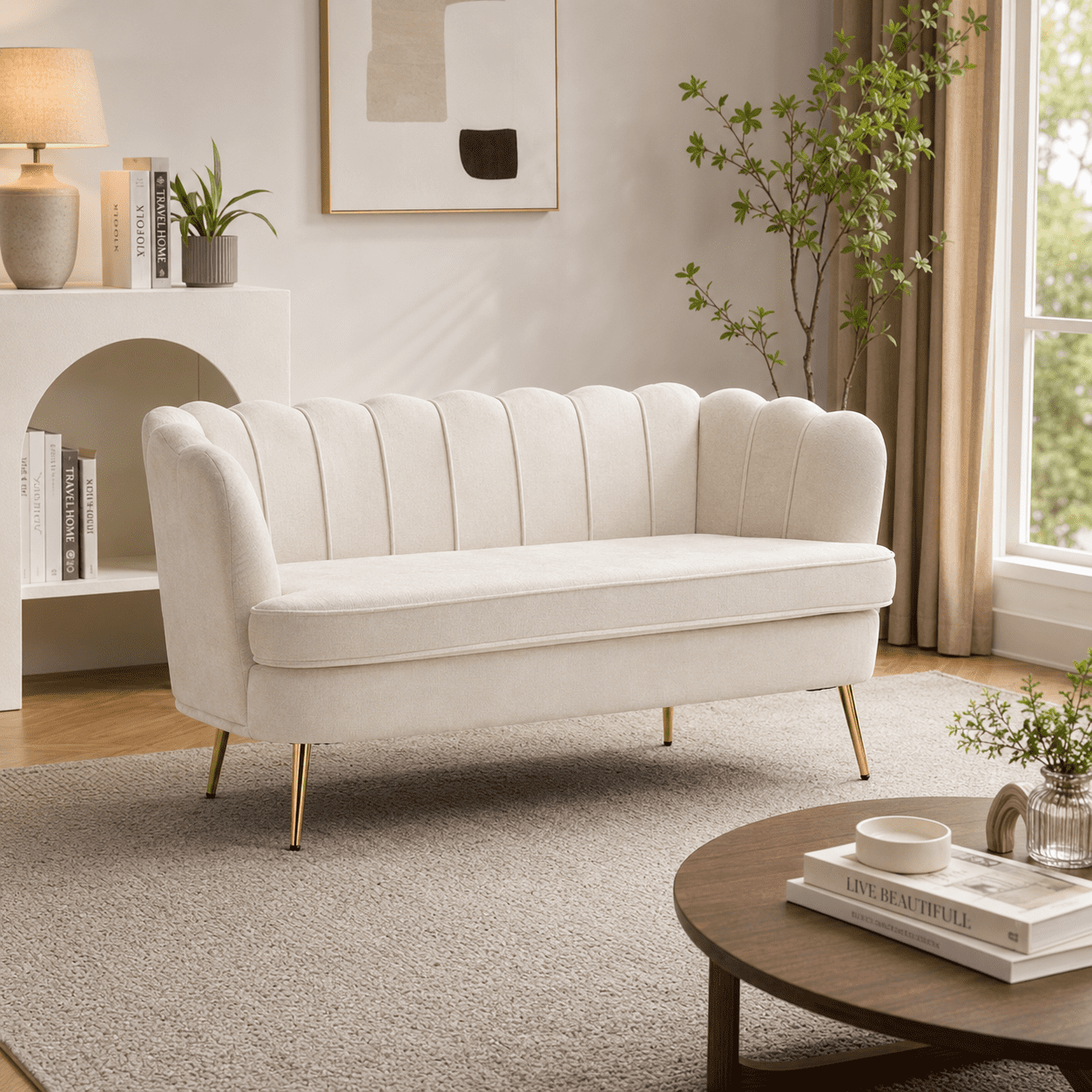 MOONMISS Scallop Tufted Loveseat,Premium Chenille Fabric 2-Seater Sofa with Gold Metal Legs,Curved Back for Living Room/Bedroom,Beige