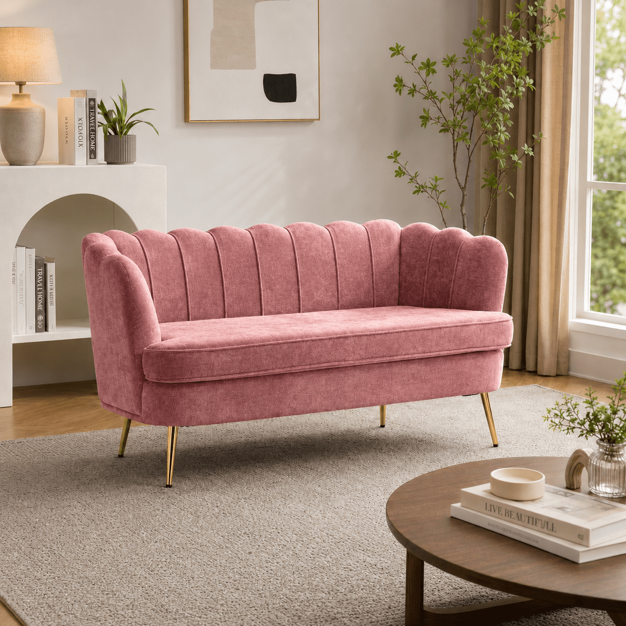 MOONMISS Scallop Tufted Loveseat,Premium Chenille Fabric 2-Seater Sofa with Gold Metal Legs,Curved Back for Living Room/Bedroom,Pink